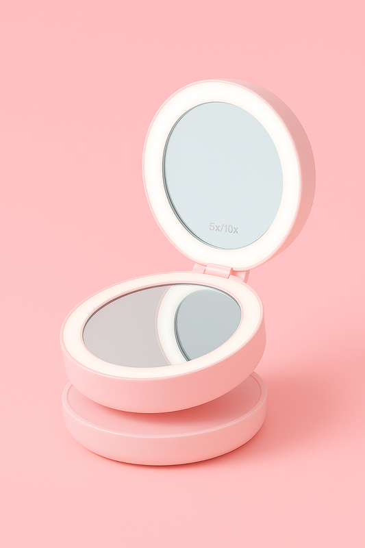 Miroir de Maquillage LED Compact Pliable – Grossissement 5x/10x, Portable & Lumineux